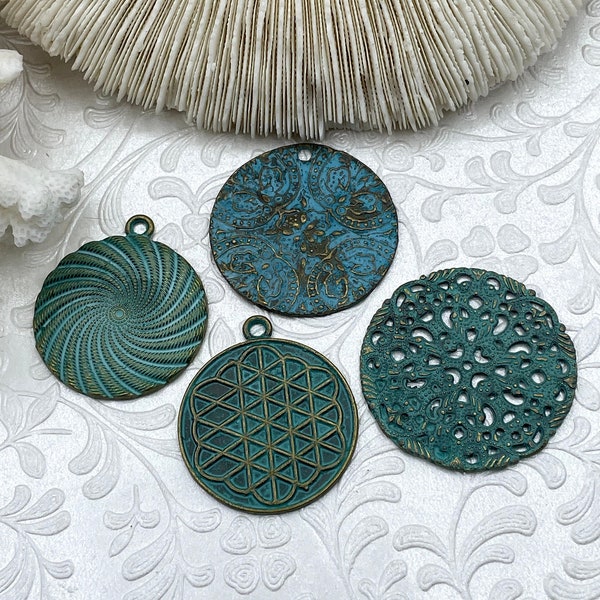 Flat Round Filigree Stamped Metal Pendant Medallion Pendant,  4 styles, 42mm, 39mm, 34mm, 21mm Verdigris . Fast Ship