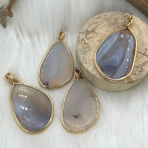 White & Gray Mixed Color Agate Pendant with Wire Wrapped Bezel Brass Gold Natural Stone Variety of Sizes and Color Stone Pendant Fast Ship