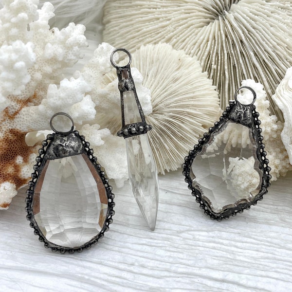 Crystal Burnished Silver Soldered Pendants and charms. Textured Burnished Silver Soldered Crystals, 3 Styles to choose from. Fast Shipping