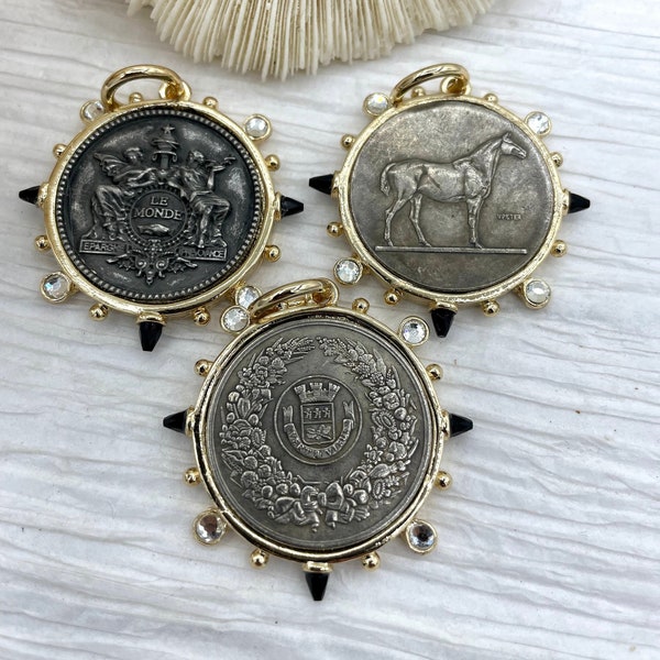 French Horticole De Dison Pendant, Horse Coin Pendant, French Pendant, French Coin, Black Spike and Round CZ  Accents Coin Fast Ship