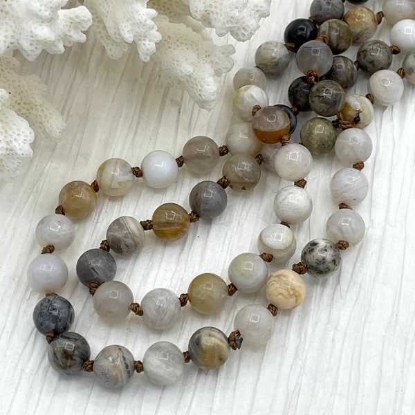 BAMBOO AGATE Hand Knotted Gemstone Necklace, 36"  Bamboo Agate, 8mm Round Polished finish with brown thread. Fast ship