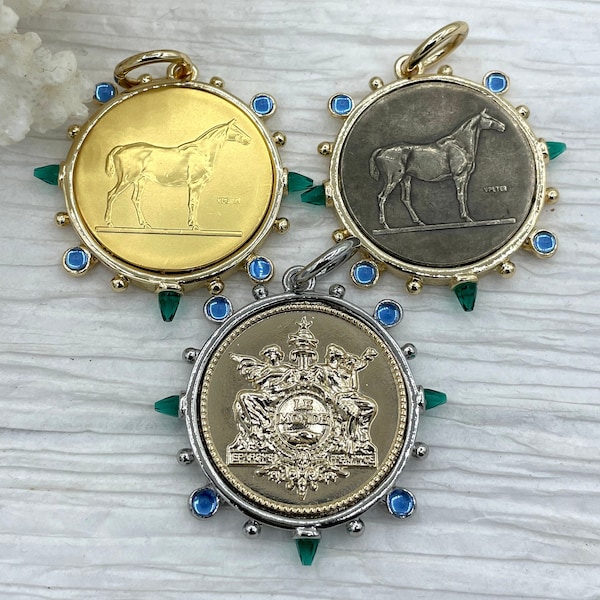 Horse Coin Pendant/French Angel Replica Coin,French Coin Pendant,Equestrian Coin, Emerald CZ Spike/Round Blue crystal Accents Fast Ship