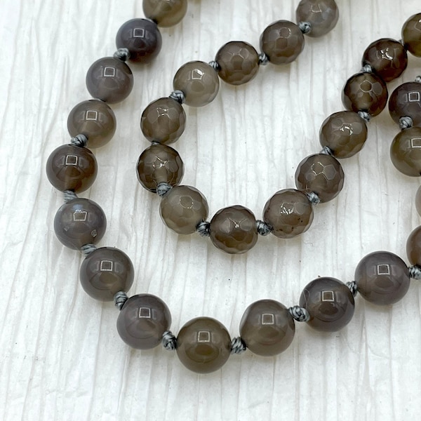 GRAY AGATE Hand Knotted Gemstone Necklace, 36"  Agate, 8mm Polished finish with Gray thread. Fast ship