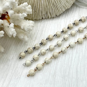 WHITE Howlite Rosary Chain, Gold, silver, bronze or gunmetal wire links, 8mm round stone bead chain 1 Meter (39 inches)
