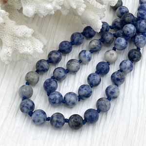Sodalite Knotted Necklace, Mala Necklace, Beaded Necklace, Hand Knotted, Hand Knotted Gemstone Necklace, 36&quot;  8mm Polished finish. Fast ship