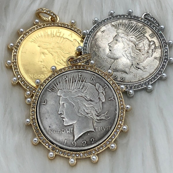 Reproduction pendentif pièce, pendentif pièce de monnaie Liberty Peace Dollar, lunette pour pièce de monnaie, pendentif pour pièce de monnaie vintage, lunette pour pièce de monnaie avec perles et CZ. Expédition rapide