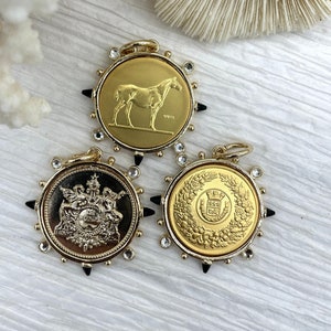 French Horticole De Dison, Le Monde and Pendant, Horse Coin Pendant, French Pendant, French Coin, Black Spike and Round CZ Accents Coin
