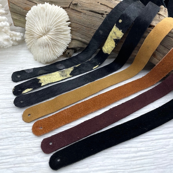 Genuine LEATHER STRAP for Making Necklace, Hair on Hide or Plain Suede Leather Strap, 7 Styles, 24" Die Cut Ends and Hole