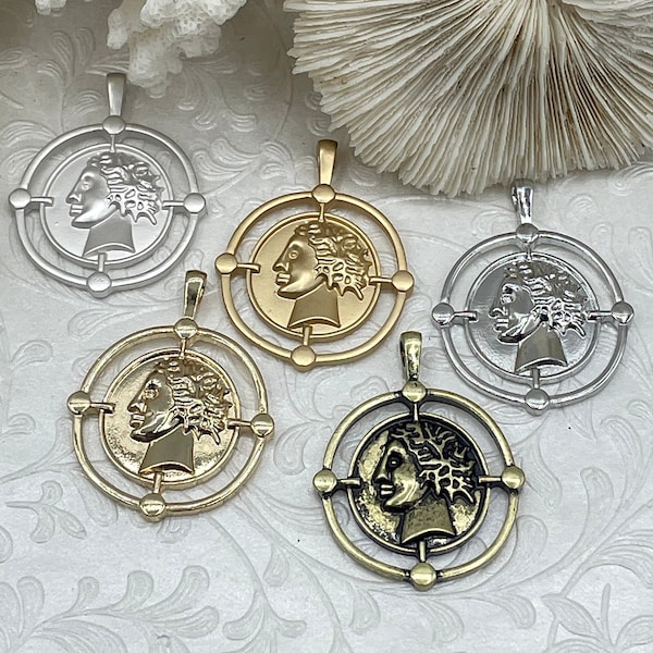 Ancient Greek Reproduction Bust Coin Pendant, Coin Pendant, Coin Charm  5 color choices  Matte Silver Coin Pendant, Matte Gold Fast Ship