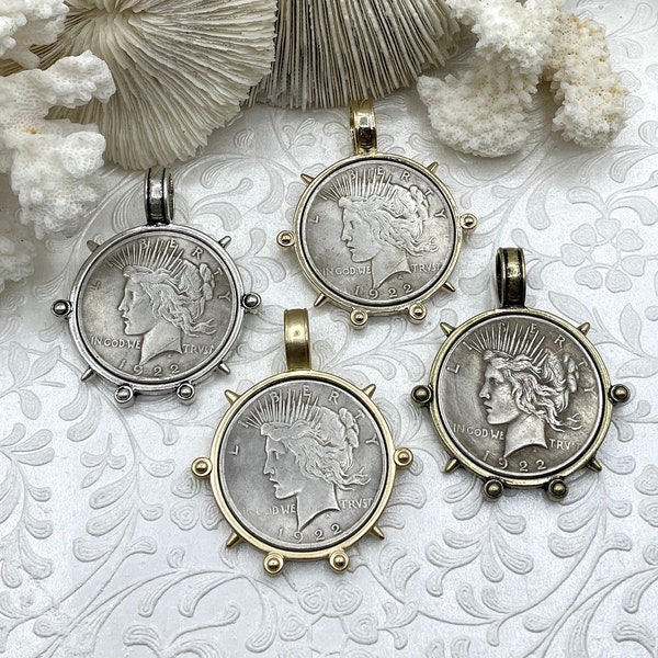 Reproduction Coin Pendant, Liberty Peace Dollar Coin Pendant, Coin Bezel, Vintage Coin Pendant, Silver Coin, 3 bezel colors. Fast Ship