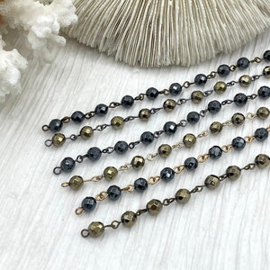 HEMATITE GEMSTONE 1 meter (39&quot;) Rosary Style Chain, 6mm Round Faceted beads, Bronze, Gold, or Gunmetal Wire.Chain per meter (39&quot;) Fast ship