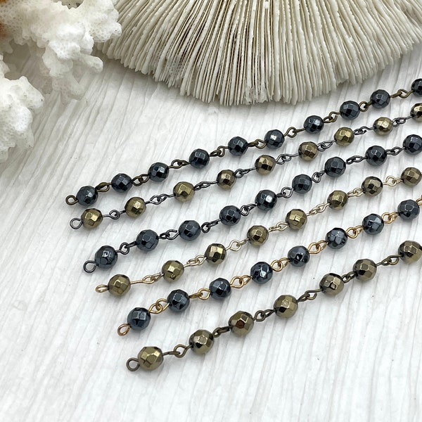 HEMATITE GEMSTONE 1 meter (39") Rosary Style Chain, 6mm Round Faceted beads, Bronze, Gold, or Gunmetal Wire.Chain per meter (39") Fast ship