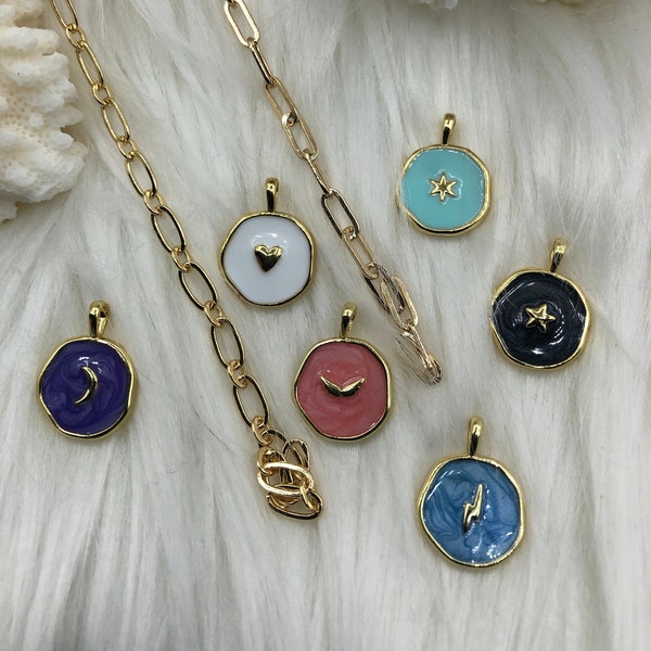 Coin Shape Enamel Charms  Pendant BRASS.  Star, Heart, Moon, Wing, Lightening . 6 to choose from. Enamel and gold coin 14mm.  Fast Ship