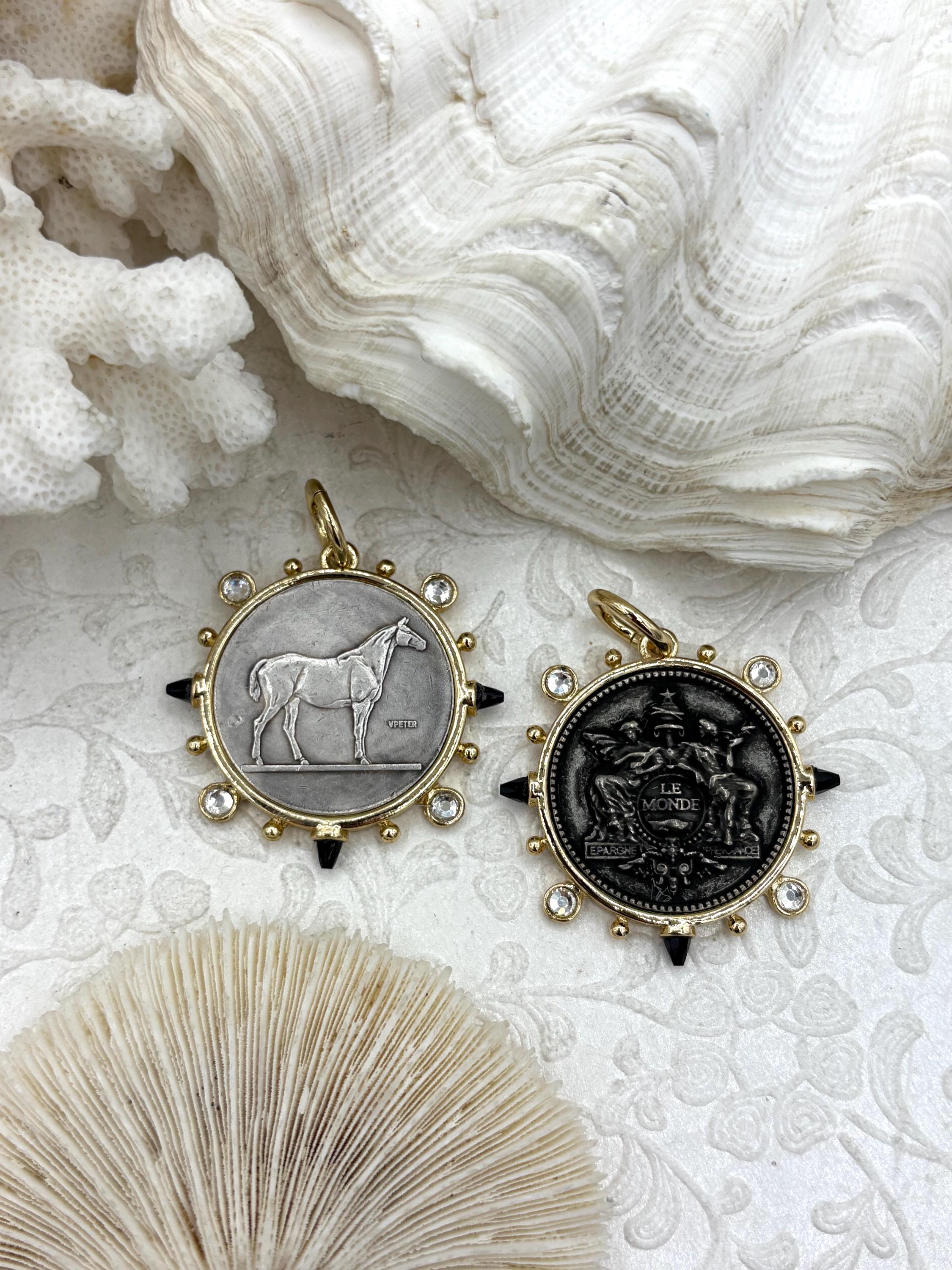 Black Horse Oval Metal Charm Pendant On 27" Braided Leather Necklace - Zinc Alloy, Lead-Free