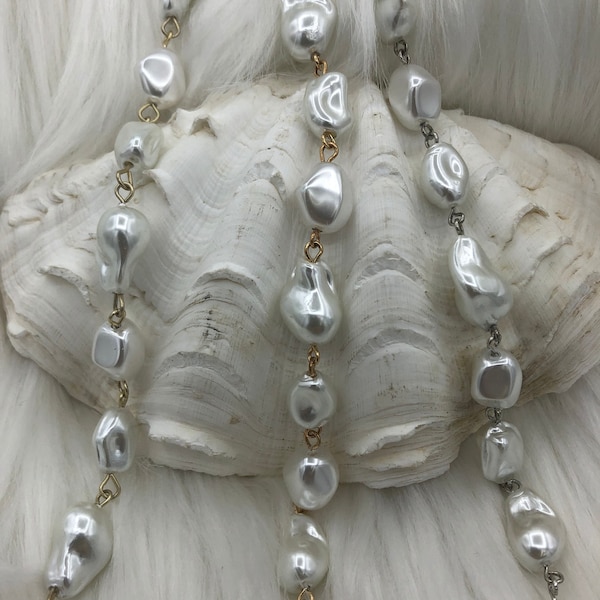 Vintage Porcelain Glass Pearl Replica Freshwater Baroque Pearl Shape Mixed Shape Beaded Chain, Rosary Chain, White Pearl by Foot Fast Ship