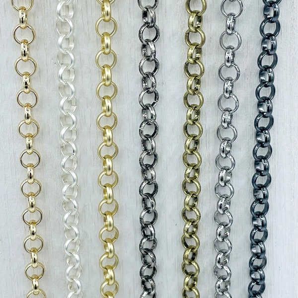 Brass Cable Rolo Chain Round sold by the foot. 6mm x 1.5mm x 1mm. Medium Size Rolo Chain Electroplated , 7 finishes available. Fast ship