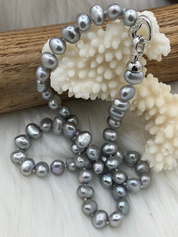18 AAA 8mm Gray Nugget Natural Freshwater Pearl Necklace Silver Heart Clasp Hand Knotted High Luster Freshwater Pearl Fast Shipping Etsy