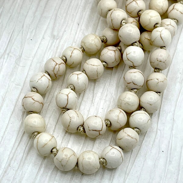 WHITE HOWLITE Hand Knotted Necklace, 36"  HOWLITE, 8mm Round with Cream Thread. Fast ship