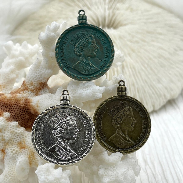 Elizabeth Isle of Man Coin Replica Pendant,  28mm x 3mm Thick 3 colors Bronze, Antique Silver Verdigris, . Fast Ship