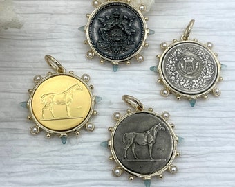 Coin Pendant, French Horticole De Dison,Horse and Le Monde Replica Coin with Bezel, French Medal, French Coin Aqua CZ and Pearl Accents