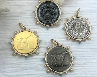 Coin Pendant, French Horticole De Dison,Horse and Le Monde Replica Coin with Bezel, French Medal, French Coin Aqua CZ and Pearl Accents