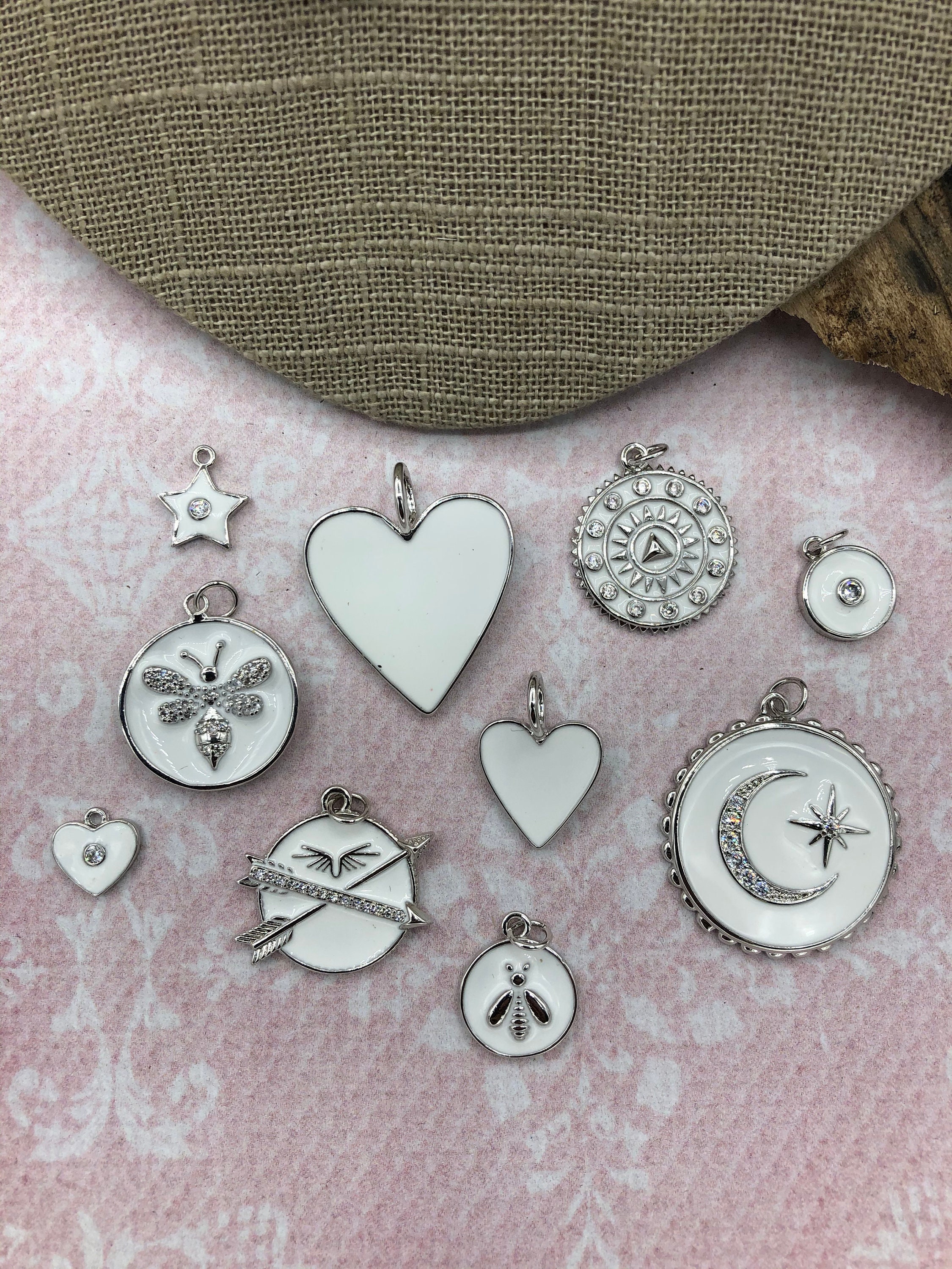White Enamel Charms CZ Micro PAVE Charm Pendant BRASS. Silver plating…