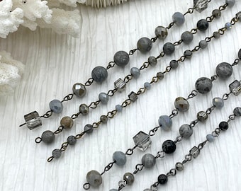 Gemstone Crystal mix Rosary Picasso Jasper Square and Rondelle Crystal Beaded Chain 8mm 6mm Gunmetal or Bronze, pin 1 Meter (39 &quot;) Fast Ship