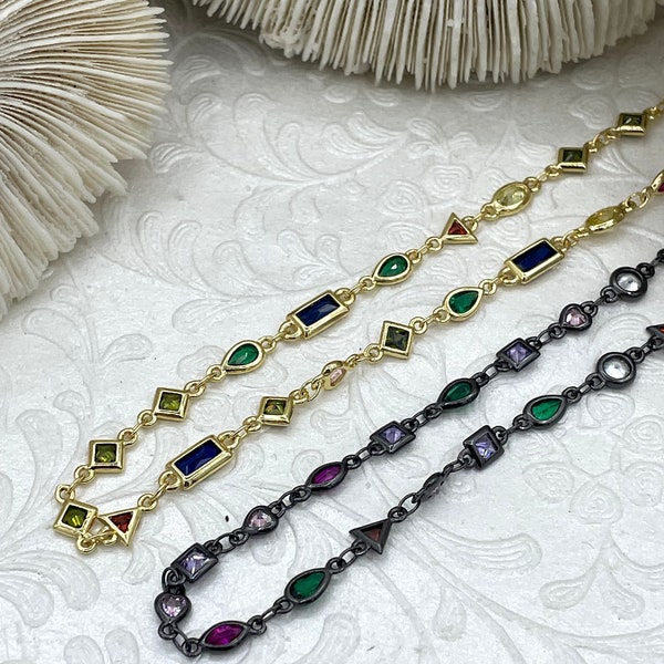 Colorful Cubic Zirconia Chains, Gold or Gunmetal Plated Brass Chain, Multicolor CZ, Sold By the Foot, Fast Ship