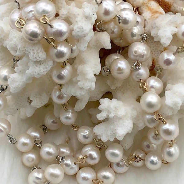 Freshwater AA+ 9mm White Near Round Freshwater Pearl Beaded Rosary Chain, Natural Freshwater Pearl ,Pearl Chain, Pearl,High Luster,Fast Ship