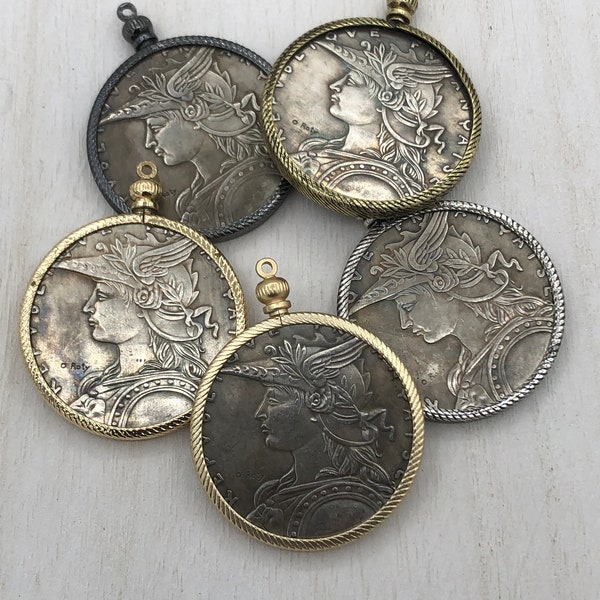 Reproduction French Madagascar Medal Coin Pendant 39mm, Coin Bezel, French coin, Art Deco Coin, Gold or Silver, 5 bezel colors. Fast Ship