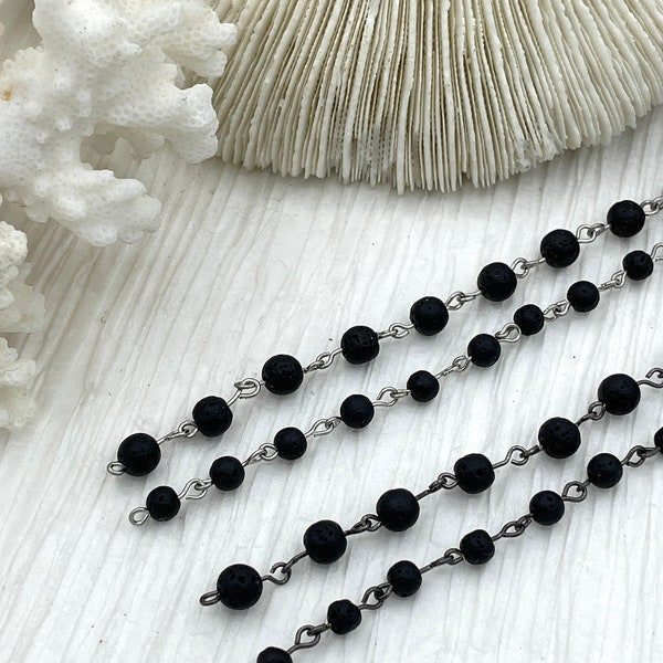 Black lava  Beaded Chain Rosary beads, 6mm and 4 mm  Silver or Gunmetal, pin 1 Meter (39 ") Fast Ship WHOLESALE