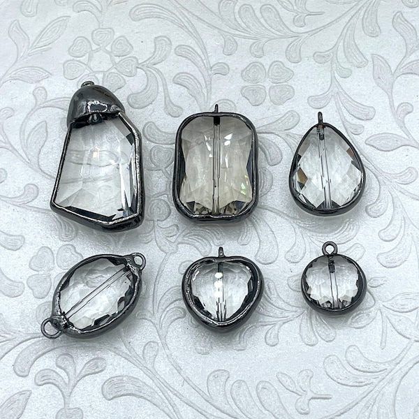 Crystal Gunmetal Soldered Pendants and charms. Connector Soldered Charm, 6 Styles of Charms and Pendants, Clear Crystal. Fast Shipping