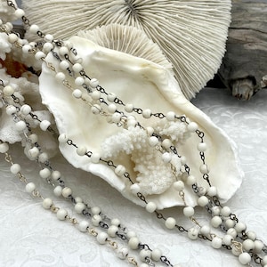 WHITE Howlite Rosary Chain, Gold, silver, bronze or gunmetal wire links, 6mm round stone bead chain 1 Meter (39 inches)