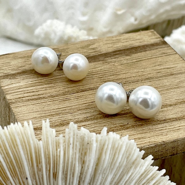 White Freshwater Pearl Stud Earrings, Sterling Silver Stud Earrings, Round or Button Shaped Pearl Studs, Statement Earrings, 7mm, Fast Ship