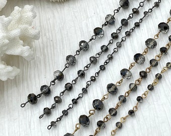 Smokey Grey Crystal Rondelle Rosary Beaded Chain, 8mm and 6mm Faceted glass beads, Available with gold or gunmetal, pin 1 Meter (39 &quot;)