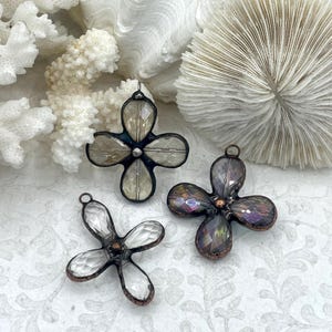 Faceted Soldered Crystal Flower Pendants. 3 styles, Clear and Iridescent Crystal, Copper and Gunmetal Soldering, Wrapped Crystal Fast Ship