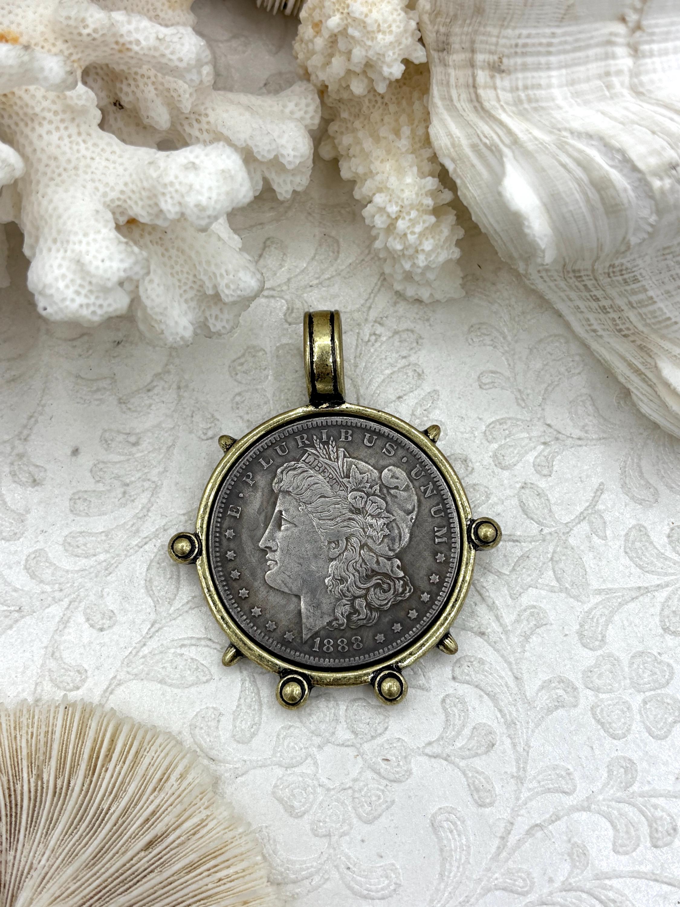Reproduction Coin Pendant, Silver Morgan Peace Dollar Coin Pendant, Bronze Bezel, Coin Bezel, Vintage Coin Pendant, Silver Coin. Fast Ship