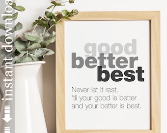 Inspirational Quote, Printable Quote, Good Better Best, dorm art, office art, cubicle decor, download, desk art, classroom art, student gift