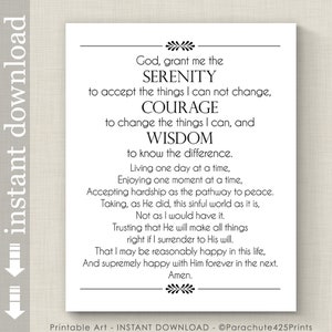 Full Serenity Prayer Printable Wall Art, inspirational quote for AA support