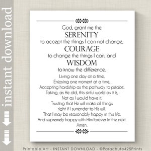 Full Serenity Prayer Printable Wall Art, inspirational quote for AA support image 1