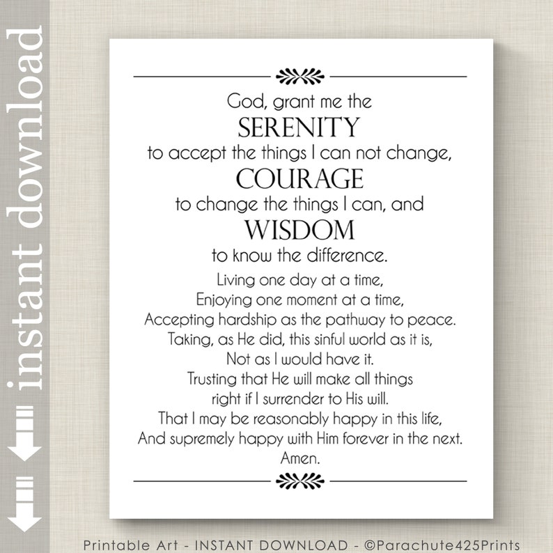 Full Serenity Prayer Printable Wall Art, inspirational quote for AA support image 1