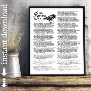 The Raven complete poem printable, Edgar Allan Poe, Halloween art, Halloween party decor, Goth Art