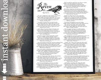 The Raven complete poem printable, Edgar Allan Poe, Halloween art, Halloween party decor, Goth Art