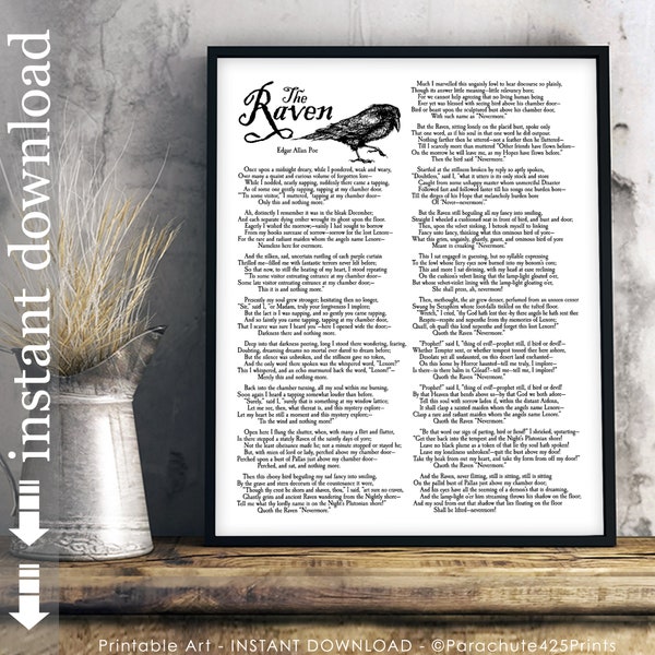 The Raven complete poem printable, Edgar Allan Poe, Halloween art, Halloween party decor, Goth Art