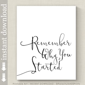 Remember Why You Started, Inspirational Printable Quote for office decore or dorm art