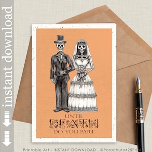 Cartão de casamento para impressão de Halloween, cartão de casamento para impressão do Dia dos Mortos, cartão de casamento engraçado