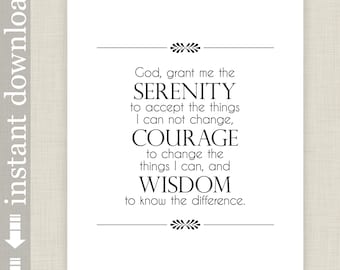 Serenity Prayer Printable, inspirational quote wall art, AA support