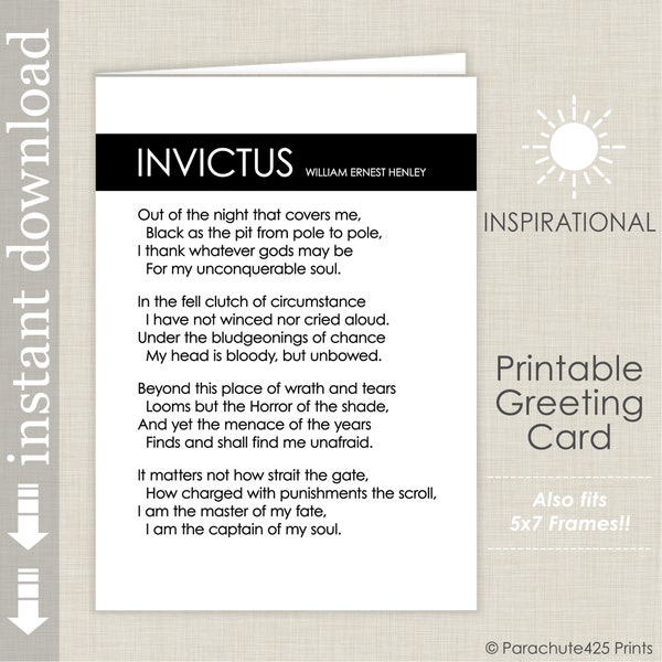 Invictus Printable Card, Inspirational Card, Graduation Card, Father's Day Card, Card for support