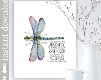 Serenity Prayer Printable Wall Art, dragonfly art, inspirational AA support gift