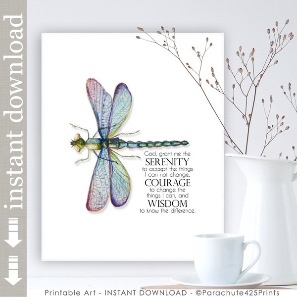 Serenity Prayer Printable Wall Art, dragonfly art, inspirational AA support gift